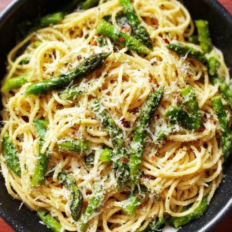 Delicious plate of asparagus pasta topped with Parmesan cheese.