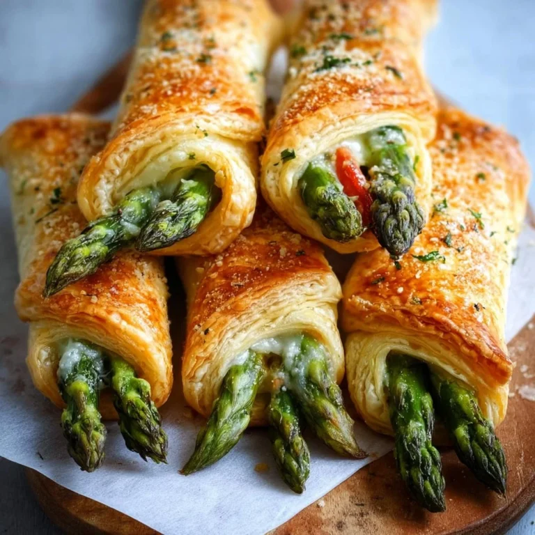 Asparagus puff pastry bundles served on a plate.