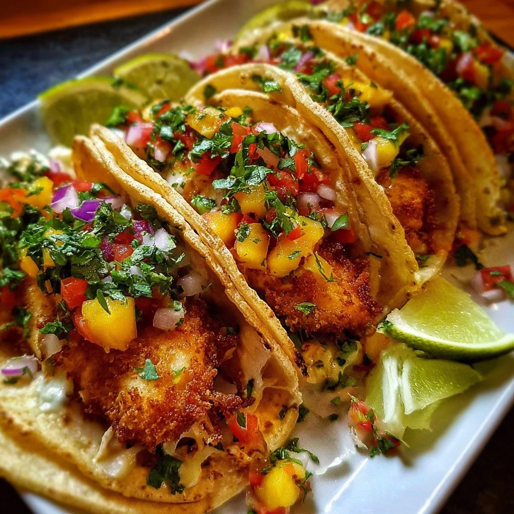 Delicious Baja fish tacos served with fresh toppings and a lime wedge.