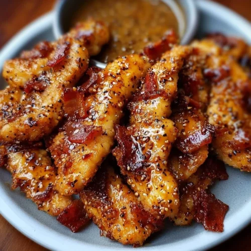 Bacon Brown Sugar Chicken Tenders served on a plate with a dipping sauce.