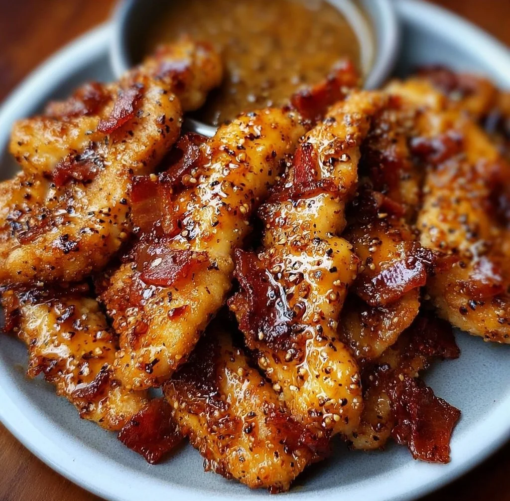 Bacon Brown Sugar Chicken Tenders served on a plate with a dipping sauce.