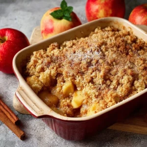 Delicious baked apple crumble with a golden topping and fresh apples.