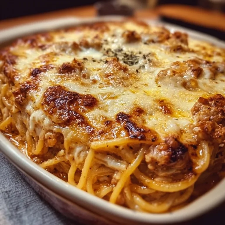 Baked cream cheese spaghetti casserole served in a dish