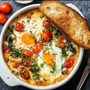 Baked Feta Eggs with Tomatoes and Spinach Baked feta eggs with tomatoes and spinach served in a rustic dish
