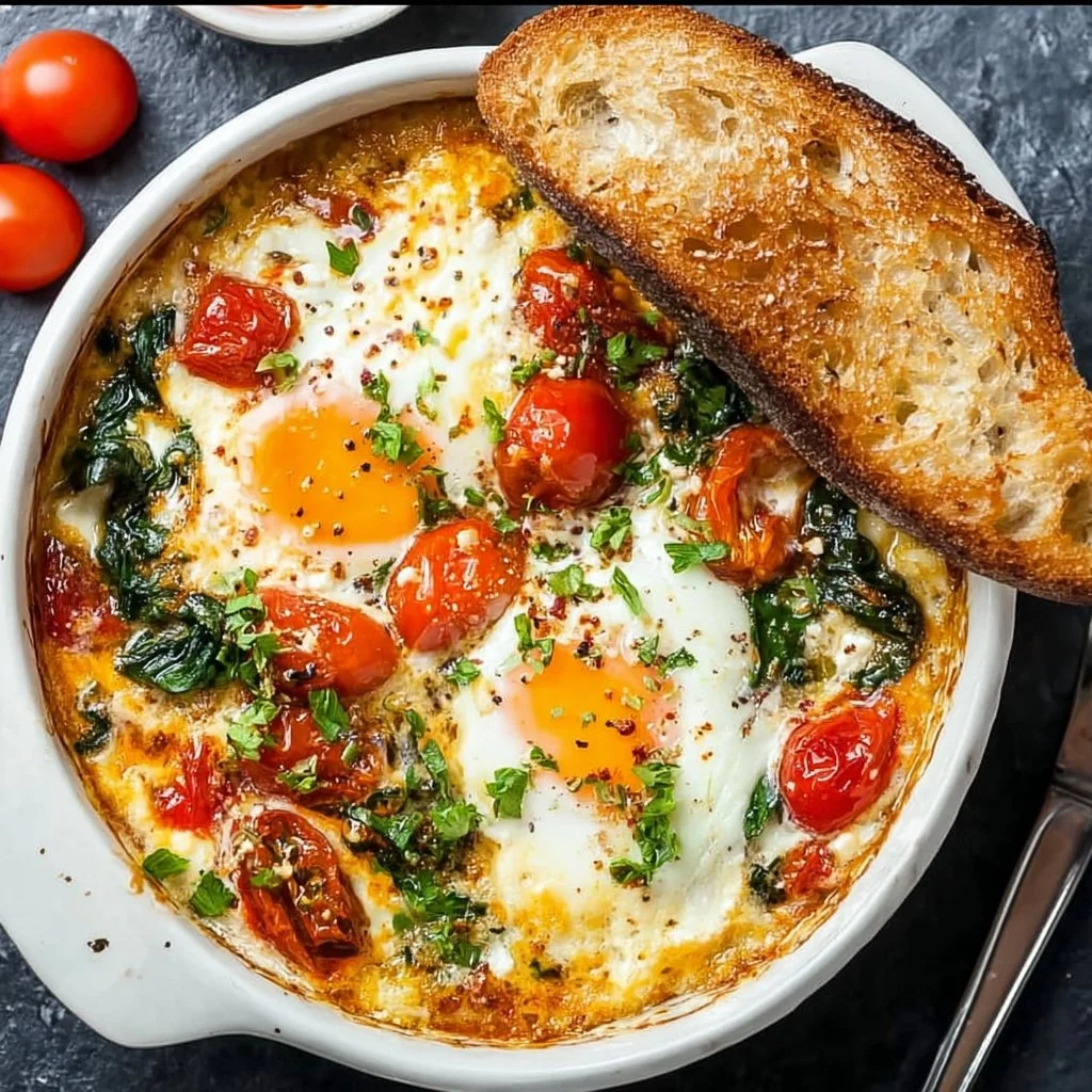 Baked feta eggs with tomatoes and spinach served in a rustic dish