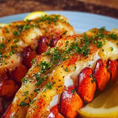 Baked Lobster Tails with Lemon Garlic Butter Baked lobster tails with lemon garlic butter on a plate