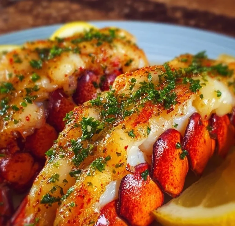 Baked lobster tails with lemon garlic butter on a plate