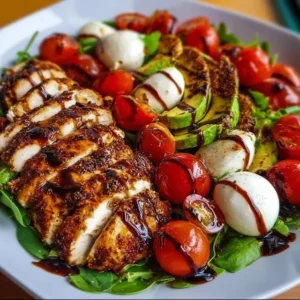 Baked marinated chicken salad with mozzarella and balsamic vinaigrette