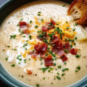 Baked potato soup in a bowl topped with green onions and bacon bits.