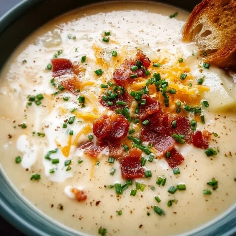 Baked potato soup in a bowl topped with green onions and bacon bits.