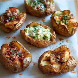 Delicious baked potatoes with crispy skins and fluffy centers on a plate.