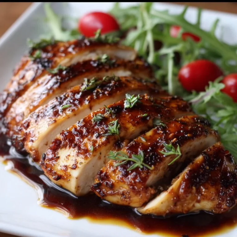 Balsamic baked chicken breast served on a plate with vegetables