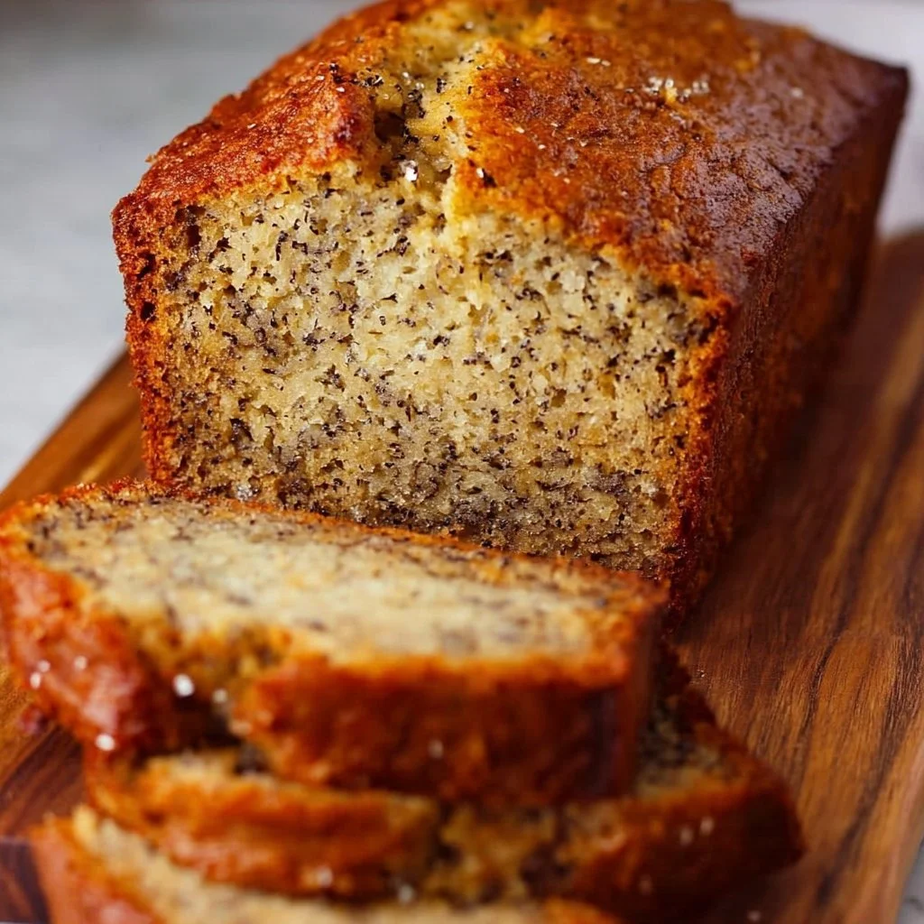 Home Moist banana bread loaf freshly baked and sliced, perfect for breakfast or snacks.