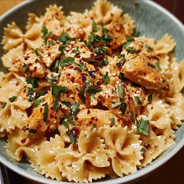 Plate of creamy Bang Bang Chicken Pasta topped with herbs and spices