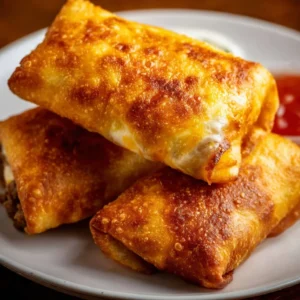 Delicious beef and cheese chimichangas served on a plate with toppings.