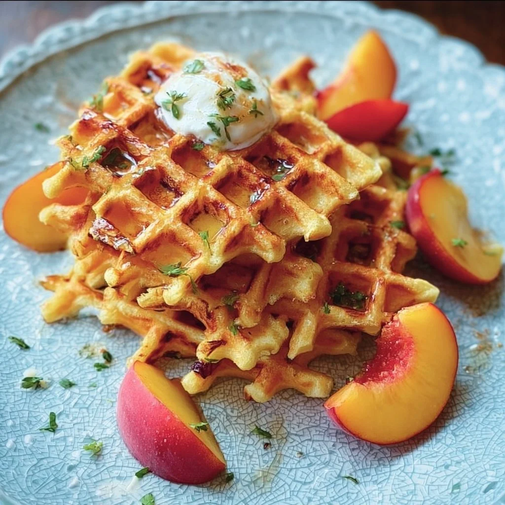 Potato Waffles with Elderflower Peaches