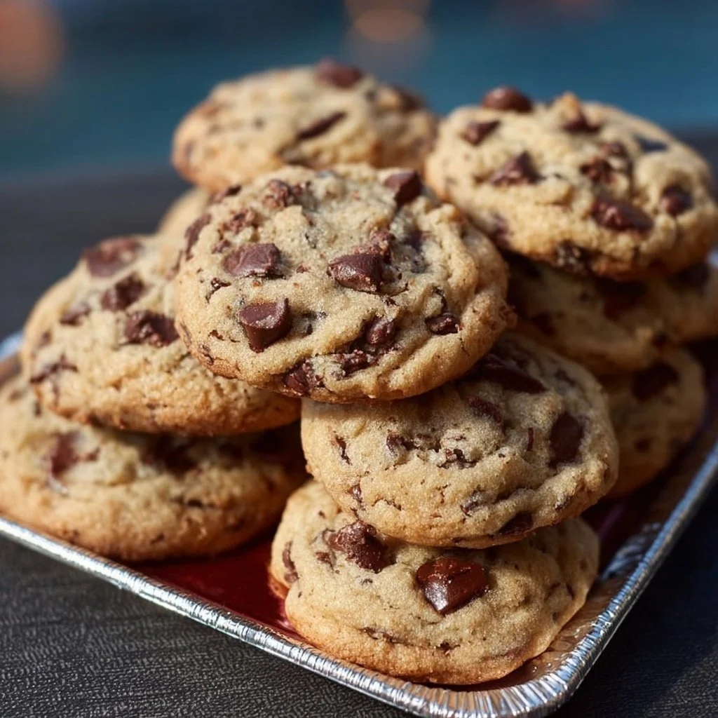 Batch of freshly baked chocolate chip cookies on a cooling rack