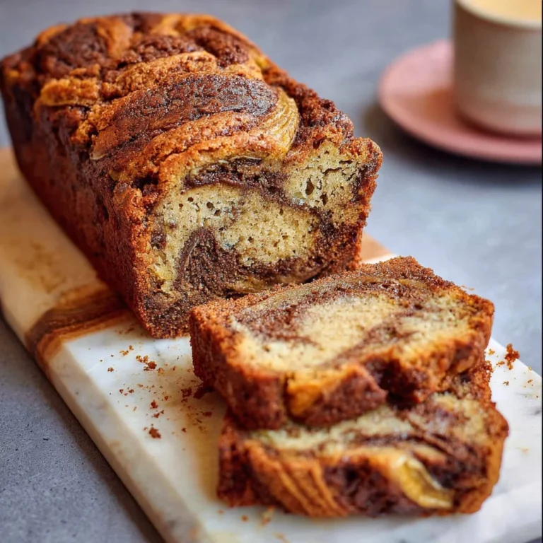 Deliciously baked cinnamon swirl banana bread slice on a wooden table.