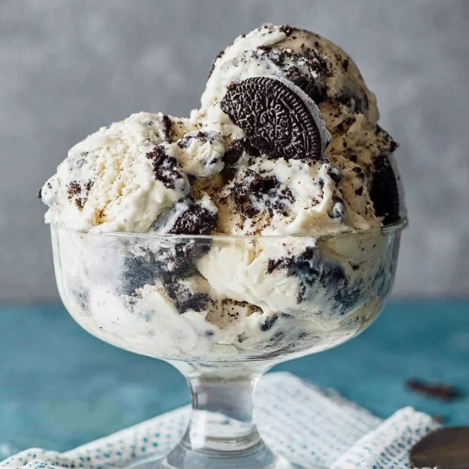 Delicious cookies and cream ice cream in a bowl with chocolate chunks