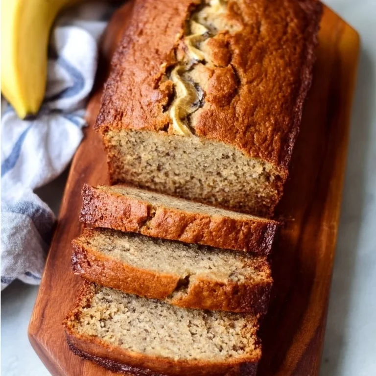Sliced banana bread on a wooden cutting board with ripe bananas