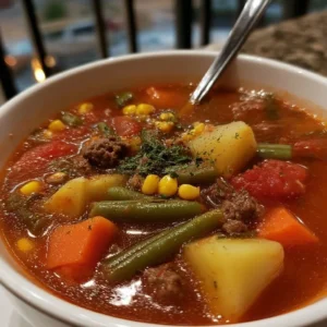 A bowl of best ever easy vegetable beef soup with fresh vegetables and tender beef.