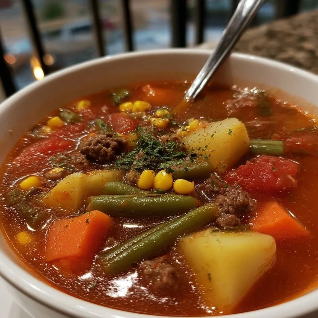 A bowl of best ever easy vegetable beef soup with fresh vegetables and tender beef.