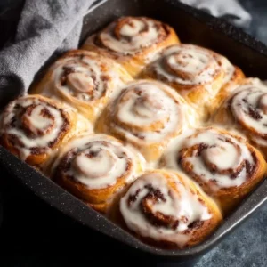 Delicious homemade cinnamon rolls with cream cheese frosting on a white plate