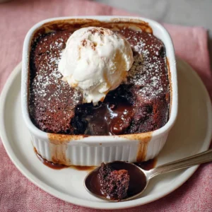 Delicious hot chocolate pudding served in a bowl with chocolate flakes on top.