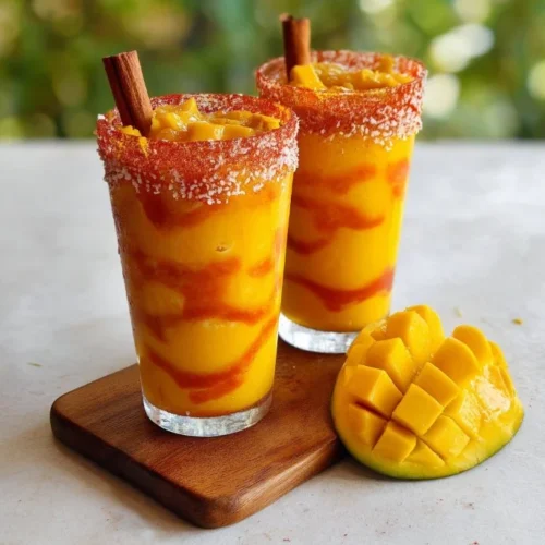 Delicious Mangonada topped with chamoy and mango chunks