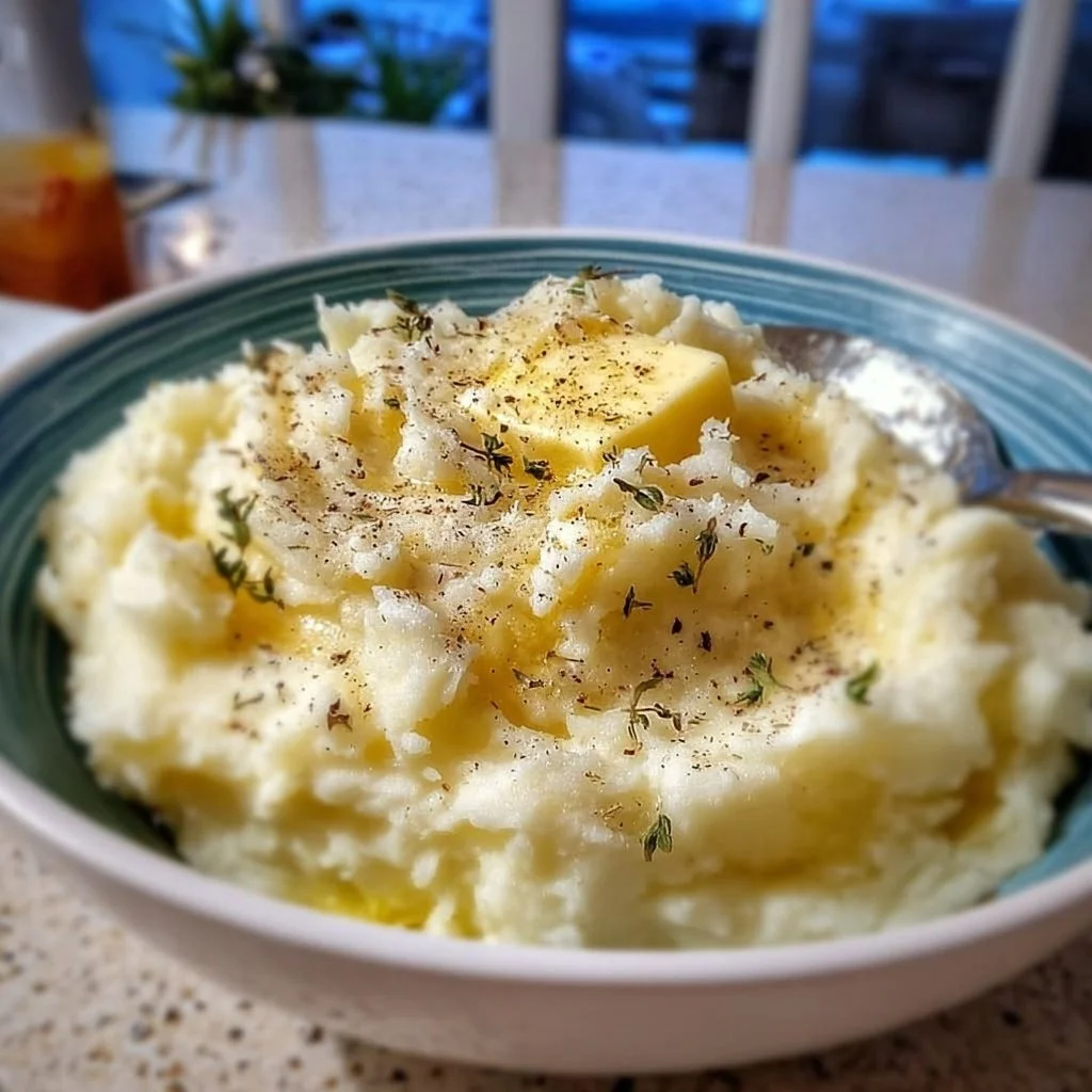 Creamy mashed potatoes with butter and herbs served in a bowl.