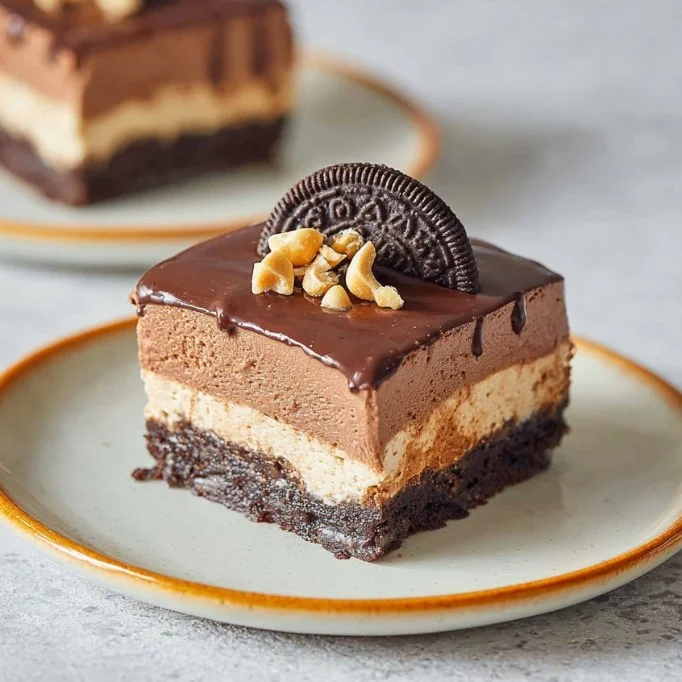 No-bake chocolate hazelnut cheesecake bars on a white plate
