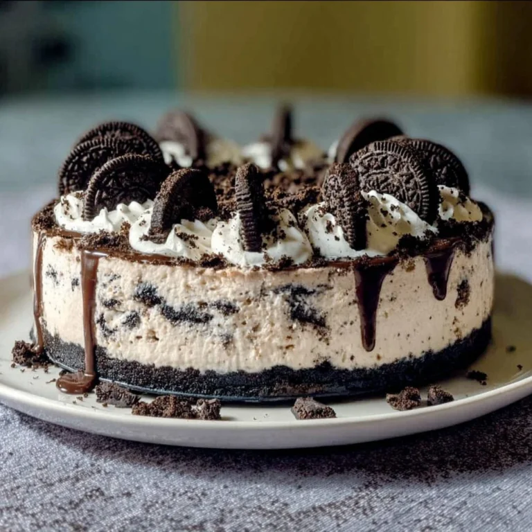 No-bake cookies and cream cheesecake topped with crumbled cookies