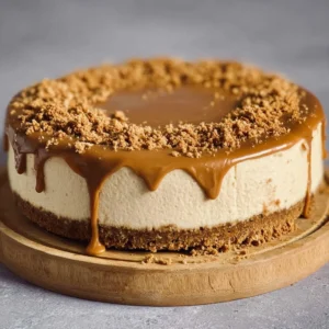 Delicious no-bake speculoos cheesecake topped with caramel and cookie crumbs.