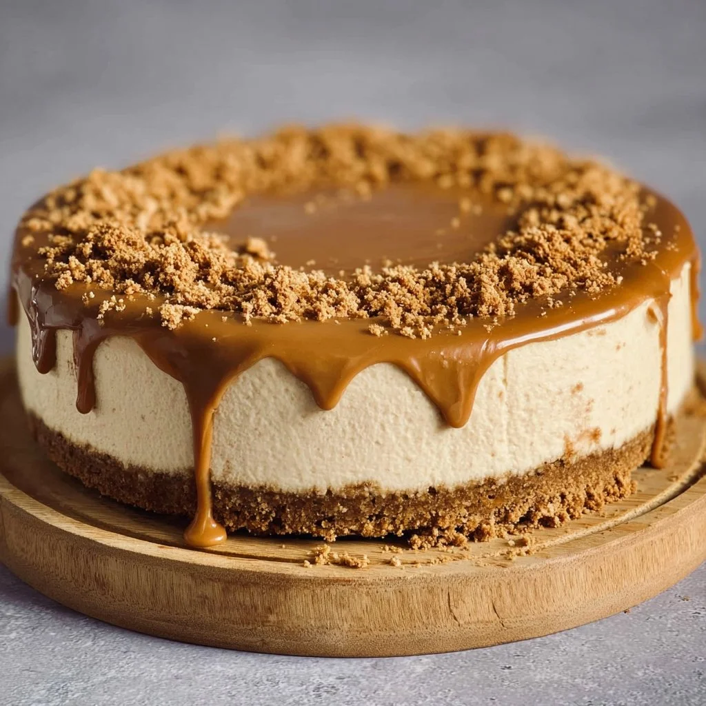 Delicious no-bake speculoos cheesecake topped with caramel and cookie crumbs.