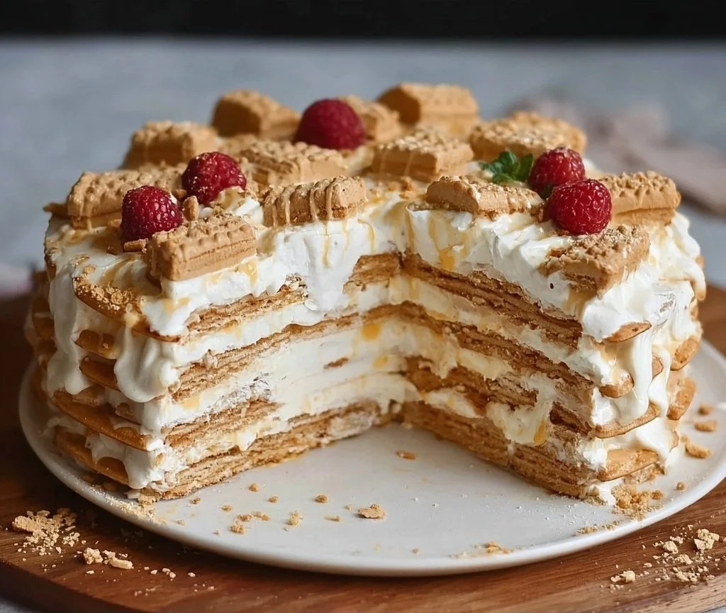 No-bake vanilla biscuit cake topped with cream and chocolate