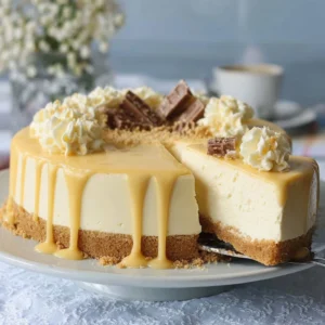 Delicious no-bake white chocolate cheesecake topped with whipped cream