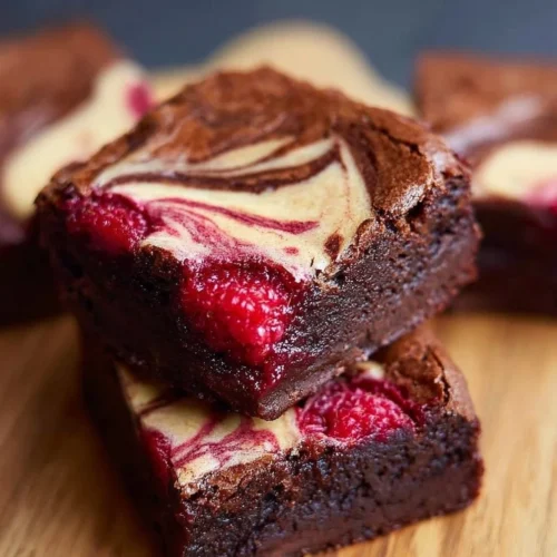Deliciously rich raspberry swirl brownies topped with fresh raspberries.
