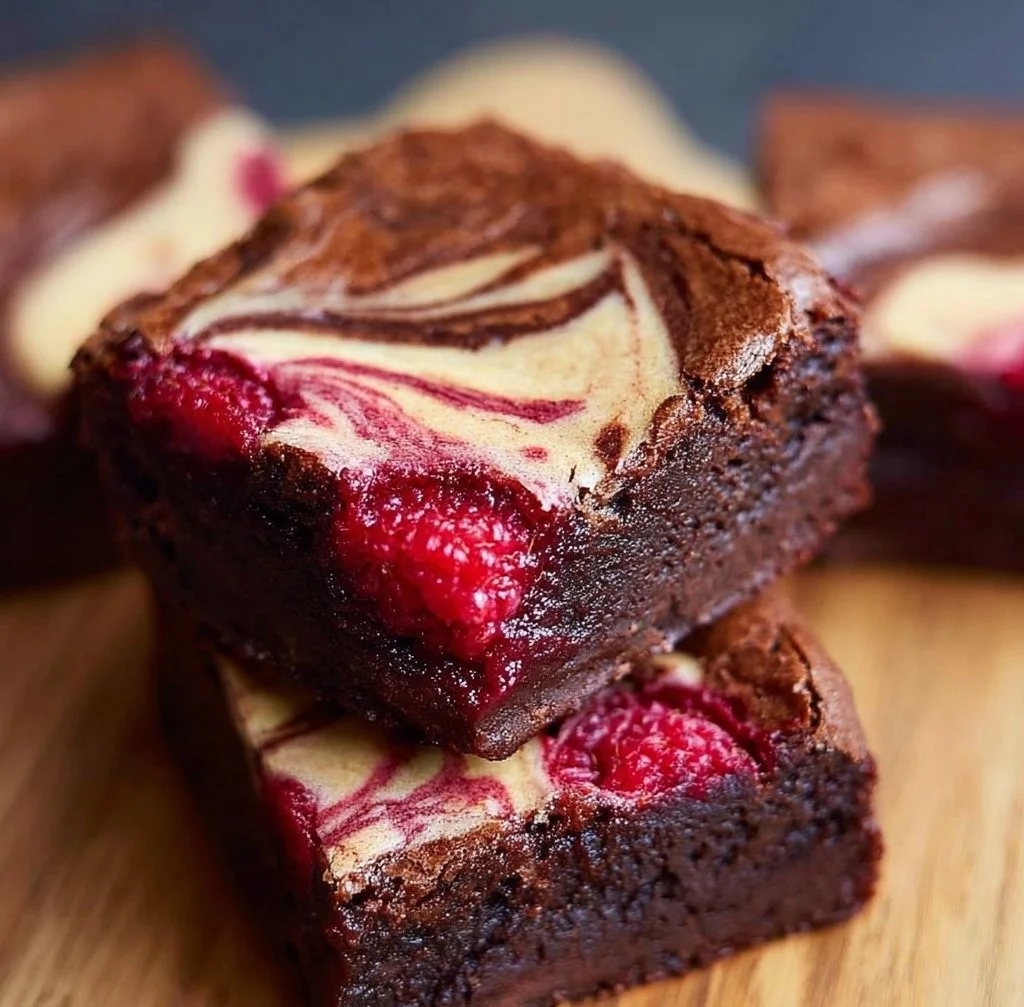Deliciously rich raspberry swirl brownies topped with fresh raspberries.