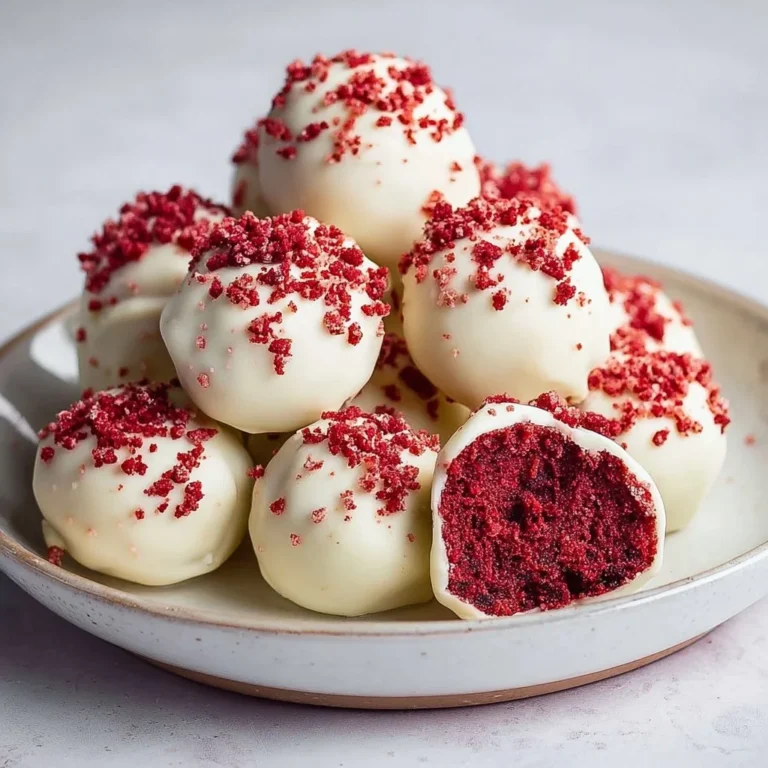 Decadent red velvet cake balls coated in cream cheese frosting.