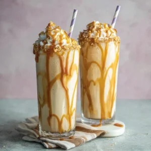 Delicious salted caramel milkshake topped with whipped cream and caramel drizzle