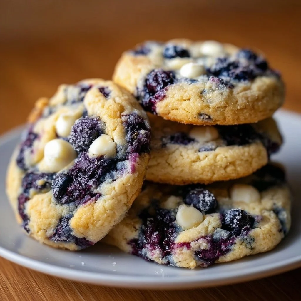 Blueberry cheesecake cookies on a plate with fresh blueberries
