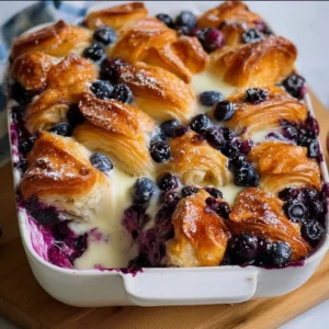 Delicious Blueberry Cream Cheese Croissant Casserole ready to serve