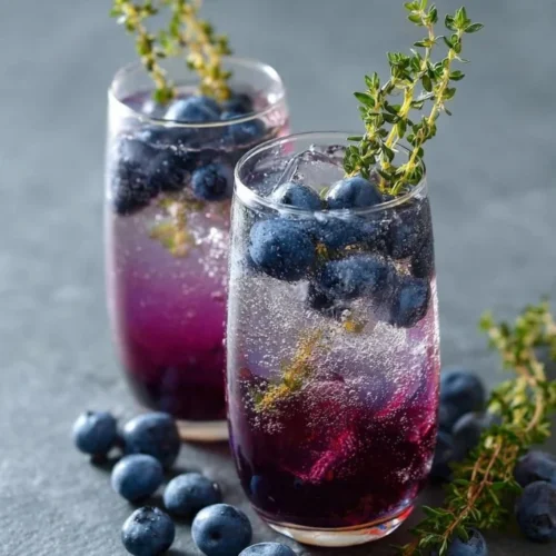 Blueberry Thyme Gin Fizz cocktail garnished with fresh blueberries and thyme