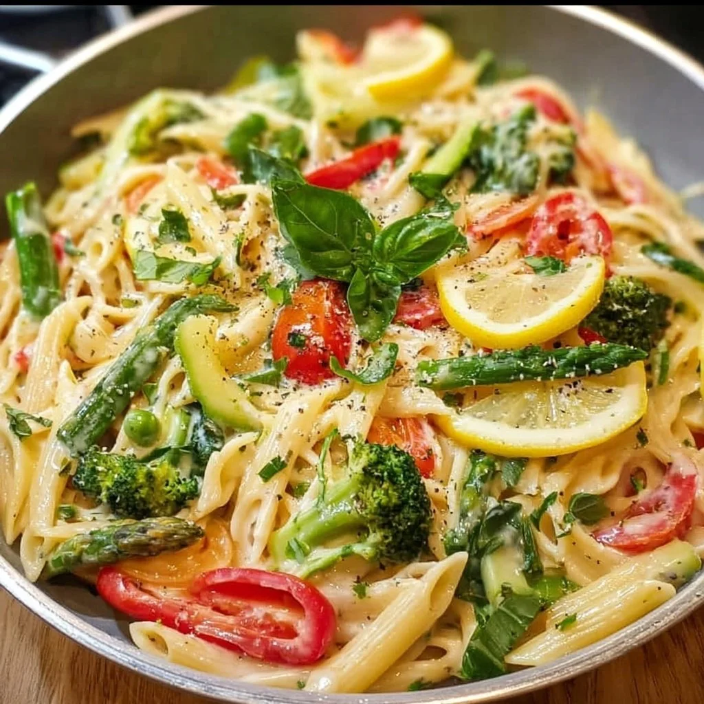 Bright and fresh lemon herb pasta primavera with colorful vegetables