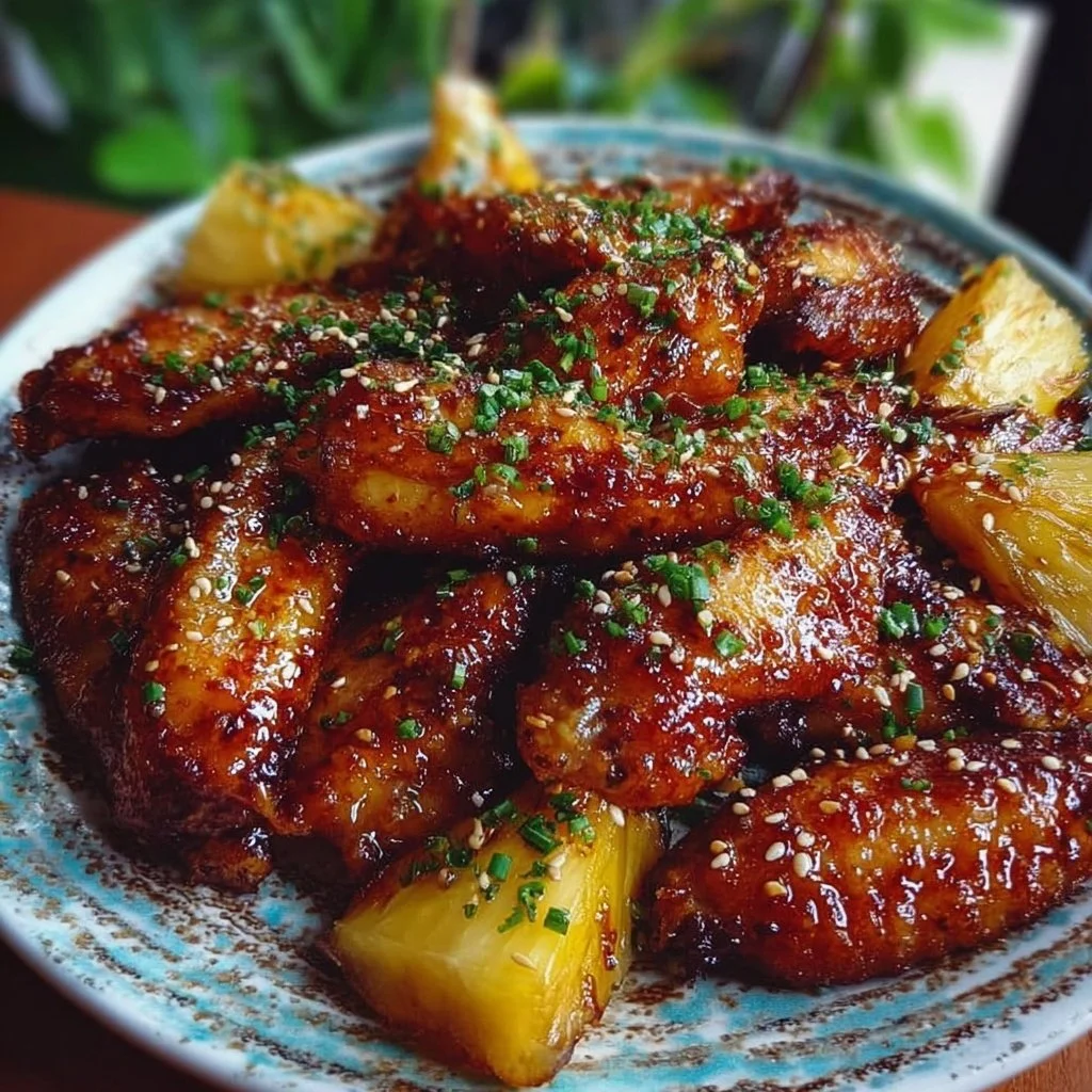 Delicious brown sugar pineapple wings garnished with fresh herbs.