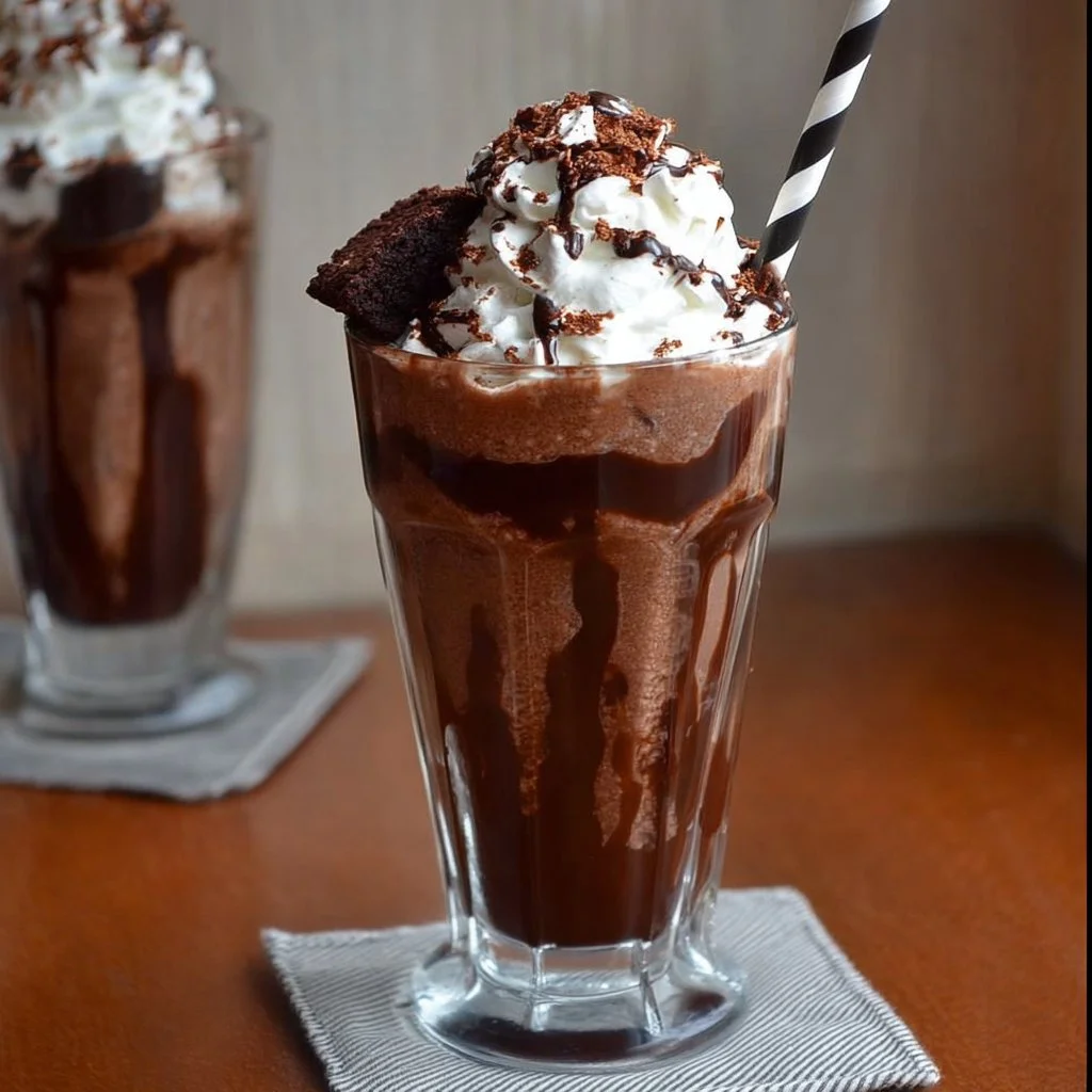 Delicious Brownie Milkshake topped with whipped cream and chocolate drizzle