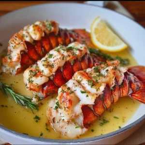 Delicious butter poached lobster tails served elegantly on a plate.