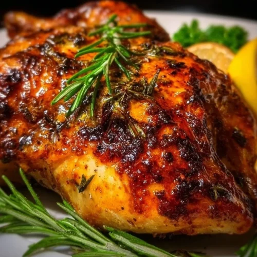 Delicious Buttermilk Roasted Chicken served on a rustic wooden platter