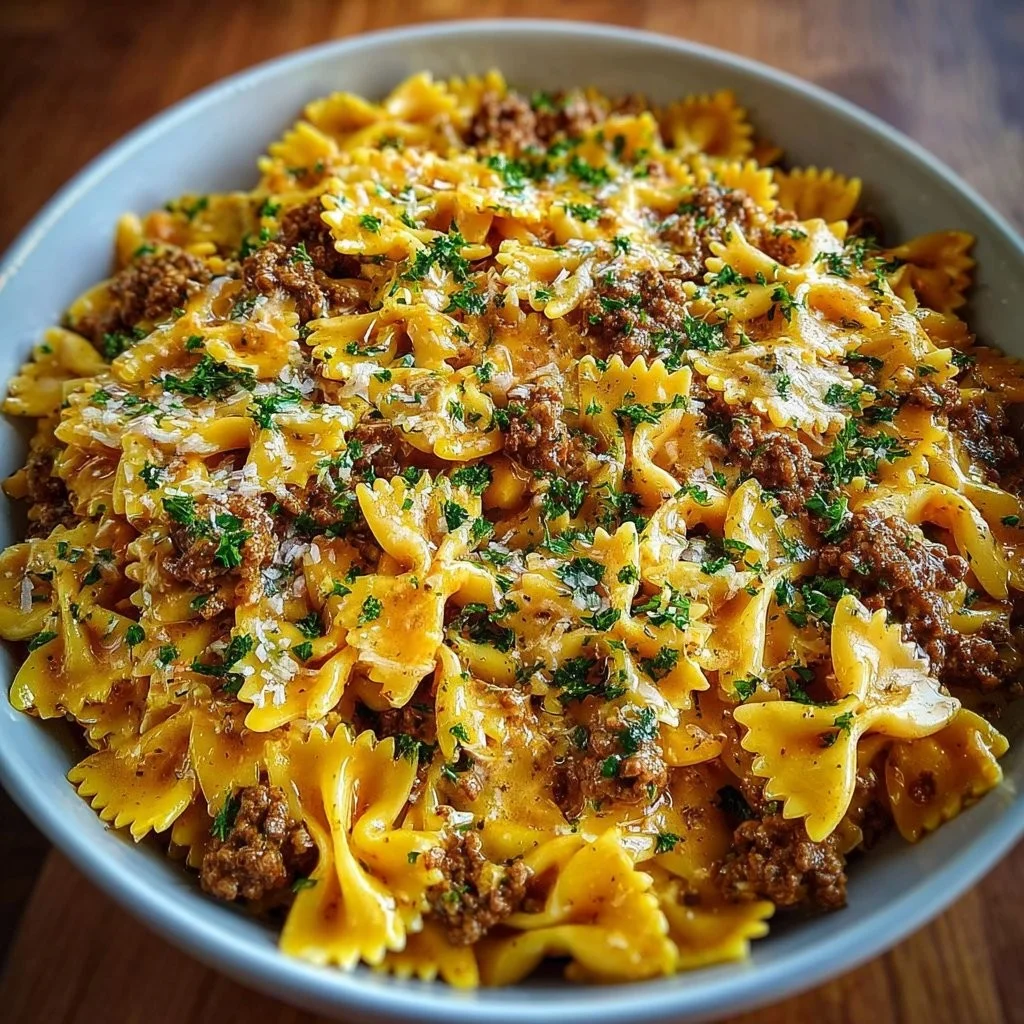 Cajun Cream Cheese Alfredo Bowties with Spiced Ground Beef dish on a plate