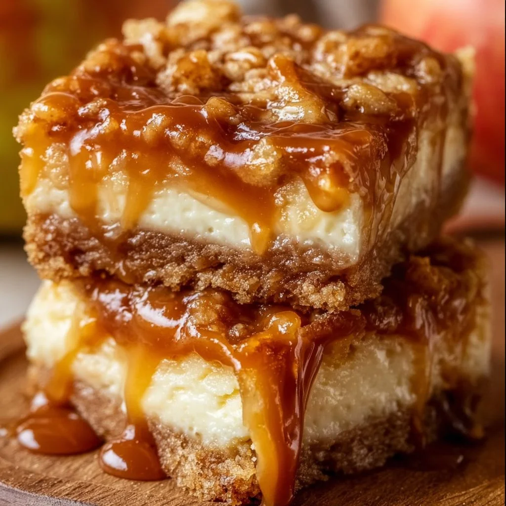Delicious caramel apple cheesecake bars topped with caramel drizzle and apple slices.